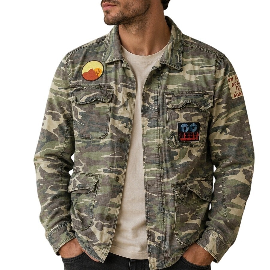 Lucky Brand Mens Camo Utility Jacket L540 Patchwork Green Large Gorpcore Trail